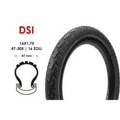 DSI 16 Zoll Fahrrad Reifen 16x1.75 Kinder Laufrad Kinderwagen 47-305 Schwarz