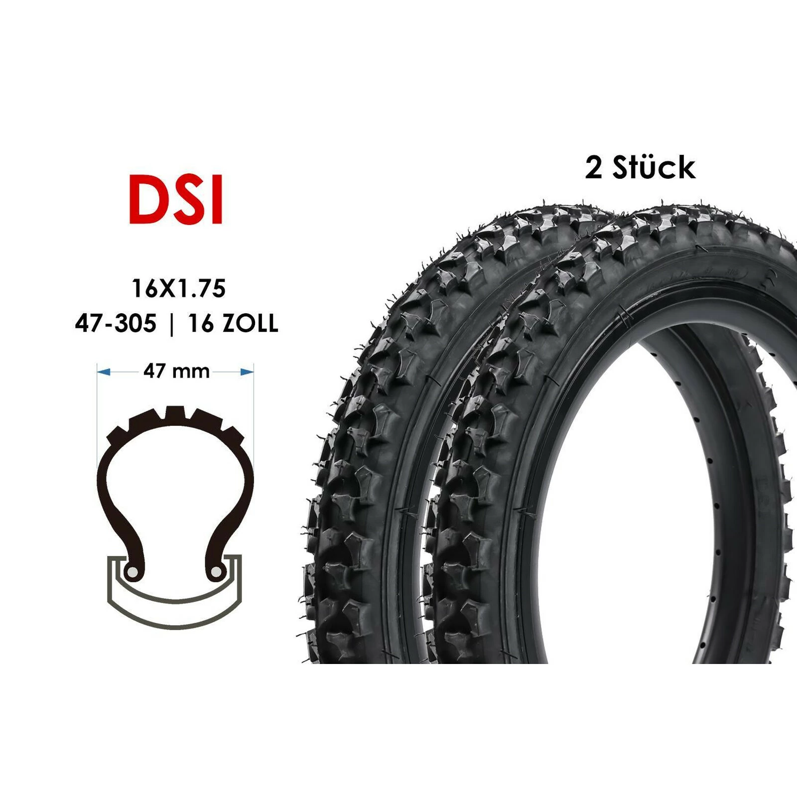 2 Stück 16 Zoll DSI Fahrrad Reifen 16x1.75 MTB Mountain Bike Kinderrad 47-305 3 2 Stück 16 Zoll DSI Fahrrad Reifen 16x1.75 MTB Mountain Bike Kinderrad 47-305
