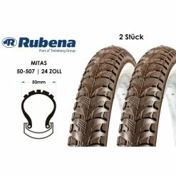 Rubena 2 Stück 24 Zoll Fahrrad Reifen MITAS 24x1.95 Citybikes 50-507 Braun Weiss