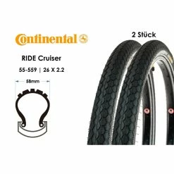 2 Stück 26 Zoll Continental Ride Cruiser 55-559 Fahrrad Reifen Retro 26x2.2 Reflex Pannenschutz