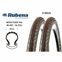 Rubena 2 Stück 26 Zoll Fahrrad Reifen MITAS Flash V66 City Bike Reflex 40-559 Pannenschutz Braun