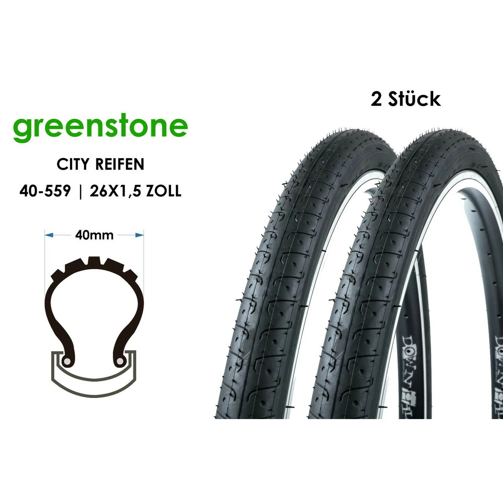 2 Stück 26 Zoll GREENSTONE 40-559 Fahrrad City Reifen 26x1.5 Mantel Tire 3 2 Stück 26 Zoll GREENSTONE 40-559 Fahrrad City Reifen 26x1.5 Mantel Tire