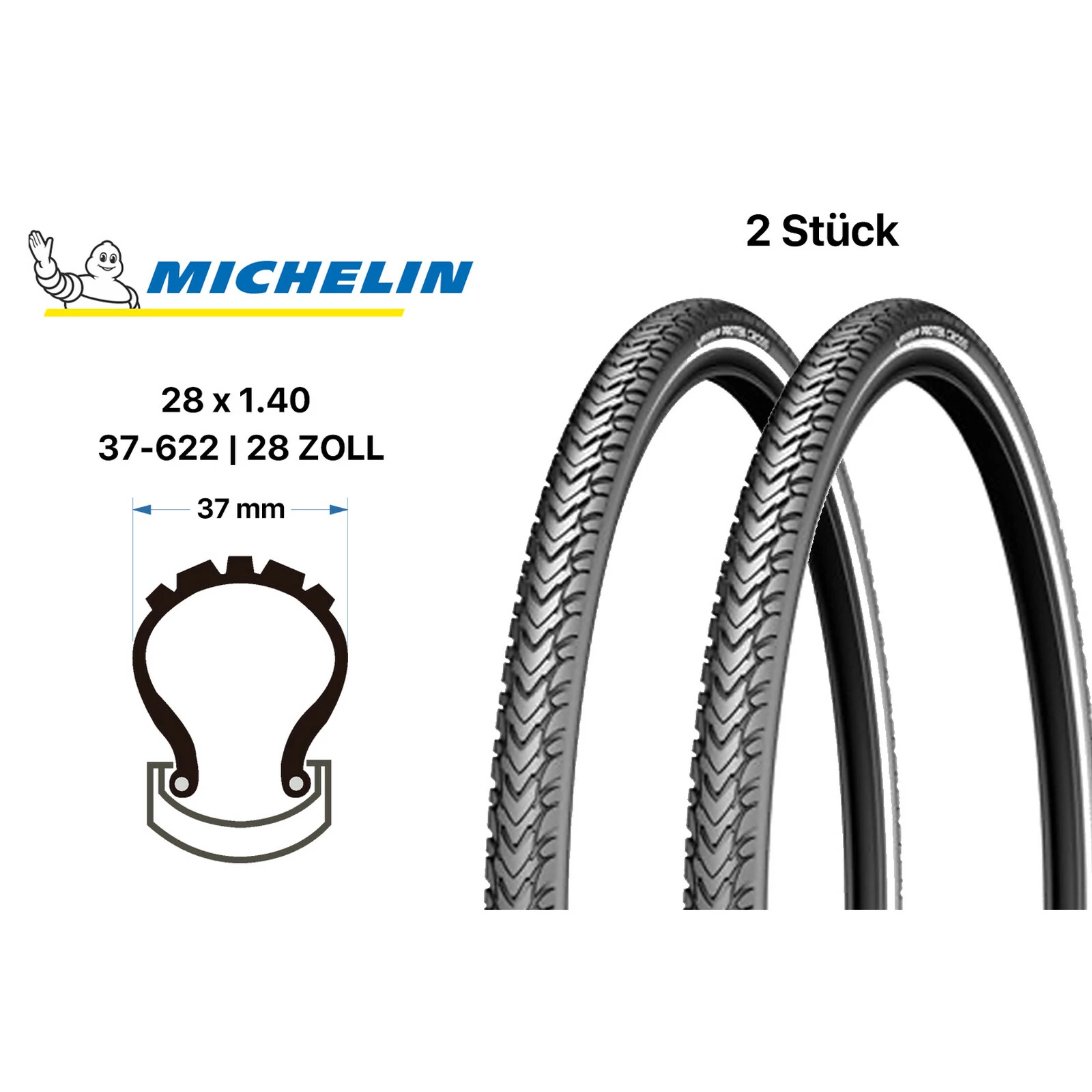 2 Stück 28 Zoll MICHELIN Protek Cross Fahrrad Reifen 37-622 Pannenschutz 28x1.4 Reflexstreifen 3 2 Stück 28 Zoll MICHELIN Protek Cross Fahrrad Reifen 37-622 Pannenschutz 28x1.4 Reflexstreifen