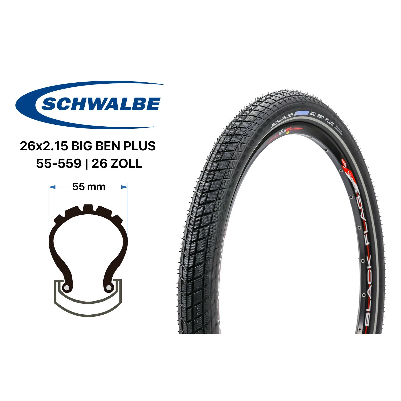 26 Zoll Schwalbe Big Ben Plus Fahrrad Reifen 26x2.15 City Bike GreenGuard REFLEX 3 26 Zoll Schwalbe Big Ben Plus Fahrrad Reifen 26x2.15 City Bike GreenGuard REFLEX